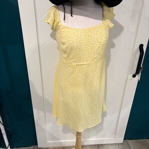 Yellow Floral Ruffle Sleeve Square Neck Smocked Back Mini Dress Cottagecore S 12